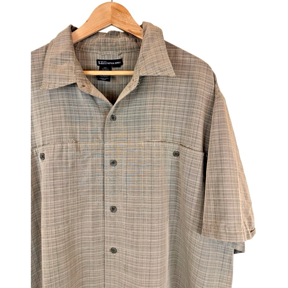 5.11 Tactical Shirt Concealed 2XL Checked Beige Pockets Lined Hiking Snap Button